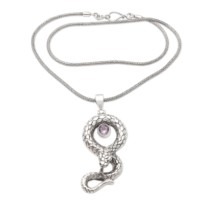 Amethyst pendant necklace, 'Queen Snake' - Amethyst Snake-Motif Pendant Necklace