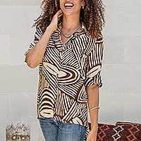 Silk-screened rayon shirt, 'Palm Leaf in Brown' - Palm Leaf-Printed Rayon Collared Shirt