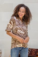 Silk-screened rayon shirt, 'Palm Leaf in Brown' - Palm Leaf-Printed Rayon Collared Shirt