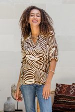 Silk-screened rayon shirt, 'Palm Leaf in Brown' - Palm Leaf-Printed Rayon Collared Shirt