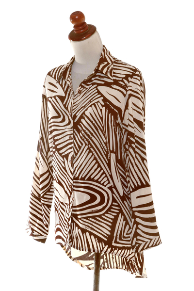 Silk-screened rayon shirt, 'Palm Leaf in Brown' - Palm Leaf-Printed Rayon Collared Shirt