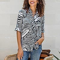 Silk-screened rayon shirt, 'Palm Leaf in Black' - Silk-Screened Rayon Collared Shirt