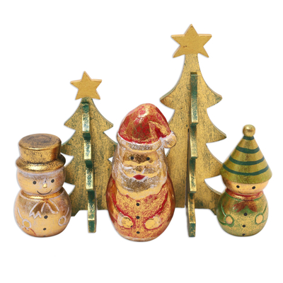 Wood decorative accents, 'Santa and Friends' (set of 5) - Distressed-Finish Decorative Christmas Accents (Set of 5)