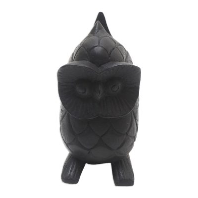 Wood eyeglass holder, 'To See You in Black' - Artisan Crafted Suar Wood Owl Eyeglass Holder