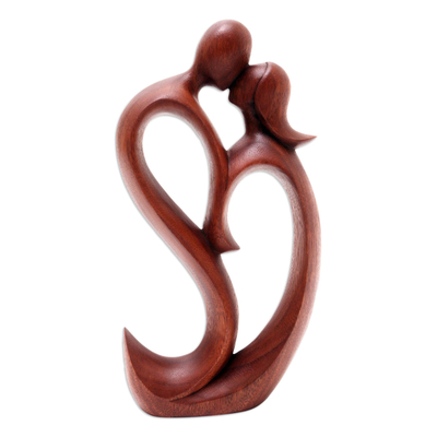 Wood statuette, 'We Kiss Forever' - Hand Carved Romantic Suar Wood Statuette