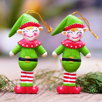Wood holiday ornaments, Happy Elves (pair)