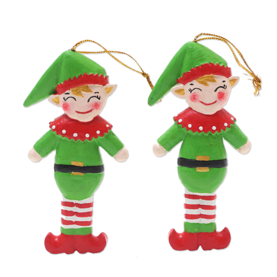 Adornos navideños de madera, (par) - Adornos navideños hechos a mano de albesia elfo de madera (par)