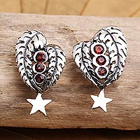 Garnet drop earrings, 'Star Sprinkle' - Sterling Silver and Garnet Star-Motif Drop Earrings
