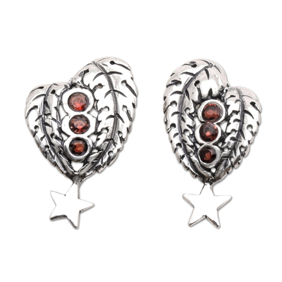 Sterling Silver and Garnet Star-Motif Drop Earrings