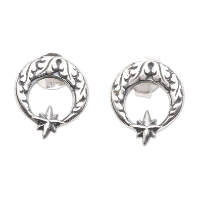 Sterling silver button earrings, 'Balinese Star' - Sterling Silver Crescent Moon Button Earrings