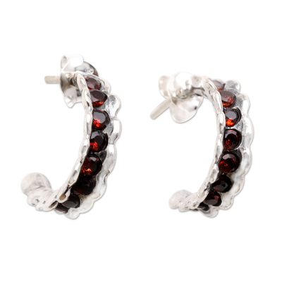 Garnet drop earrings, 'Silver Sea Shells' - Garnet and Sterling Silver Drop Earrings
