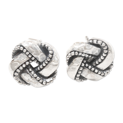 Sterling silver stud earrings, 'Woven Pandanus' - Hand Made Sterling Silver Stud Earrings from Bali
