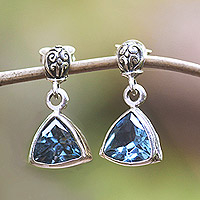 Blue topaz dangle earrings, 'Lost Triangle' - Handmade Blue Topaz and Sterling Silver Dangle Earrings