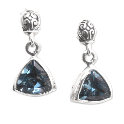 Blue topaz dangle earrings, 'Lost Triangle' - Handmade Blue Topaz and Sterling Silver Dangle Earrings