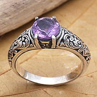 Amethyst solitaire ring, 'Balinese Beach in Purple' - Amethyst and Sterling Silver Solitaire Ring