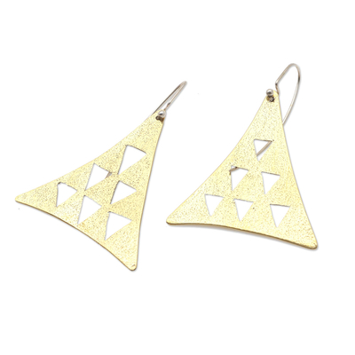 Brass dangle earrings, 'Margarana Monument' - Brass and Sterling Silver Triangular Dangle Earrings