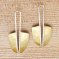 Brass and sterling silver drop earrings, 'Balinese Cucuk' - Balinese Brass and Sterling Silver Drop Earrings