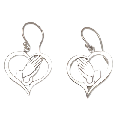 Sterling silver dangle earrings, 'Empire of Love' - Handcrafted Sterling Silver Heart Earrings