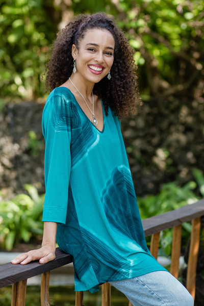 Hand-painted rayon blend blouse, 'Floating Blue' - Hand-Dyed Rayon Blend Blouse from Bali
