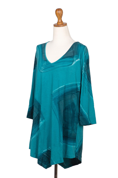 Hand-painted rayon blend blouse, 'Floating Blue' - Hand-Dyed Rayon Blend Blouse from Bali