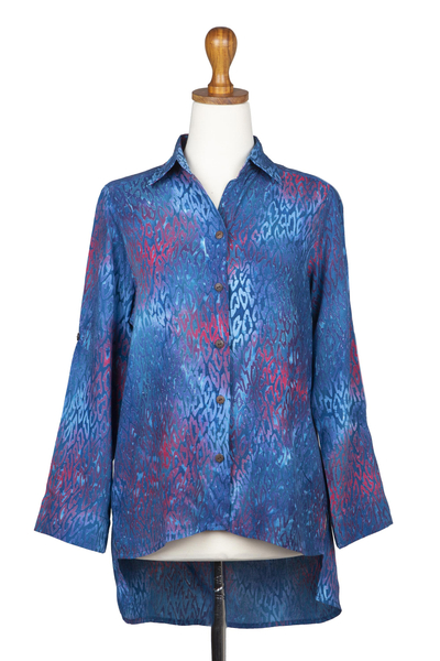 Batik rayon collared shirt, 'Early Dawn' - Hand-Stamped Batik Rayon Collard Shirt