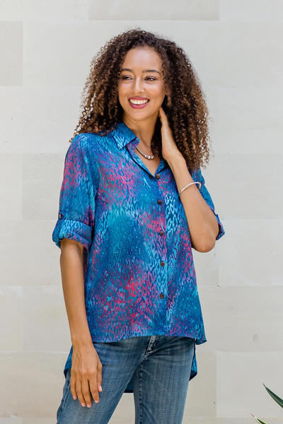 Hand-Stamped Batik Rayon Collard Shirt - Early Dawn | NOVICA