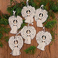 Handgewebte Weihnachtsornamente aus Baumwolle, „Schneeengel“ (6er-Set) - Weihnachtsornamente aus Baumwolle und Bambus (6er-Set)