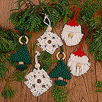 Hand-woven cotton holiday ornaments, 'Christmas Celebration' (set of 6) - Handmade Cotton and Bamboo Holiday Ornaments (Set of 6)