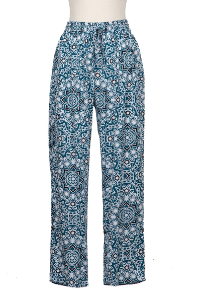 Rayon pants, 'Azure Mandala' - Printed Rayon Mandala Motif Pants