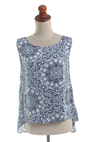 Rayon sleeveless blouse, 'Azure Mandala' - Printed Rayon Mandala Motif Sleeveless Blouse