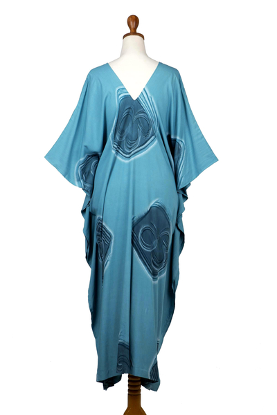 Hand-Painted Rayon Caftan from Bali - Floating Blue | NOVICA