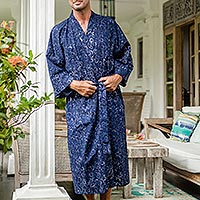 Men's Hand Stamped Cotton Robe,'Clear Night'