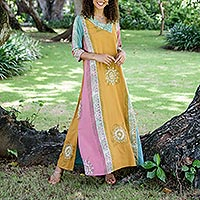 Batik rayon maxi dress, 'Slow Day in Amber' - Batik-Dyed Rayon Maxi Dress from Bali