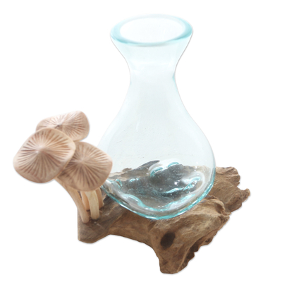 Wood and glass sculpture, 'Molten Mushrooms' - Handblown Glass and Jempinis Wood Sculpture