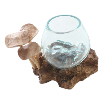 Glass and Jempinis Wood Mushroom Sculpture