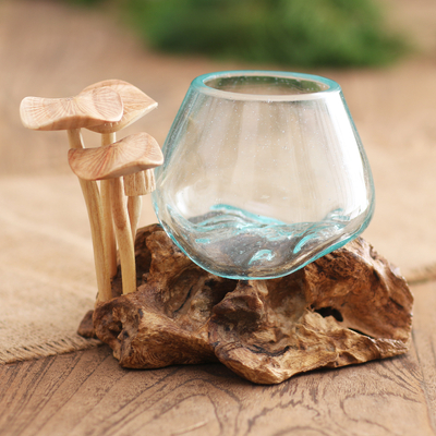 Escultura en madera y vidrio - Escultura de hongo de vidrio y madera Jempinis
