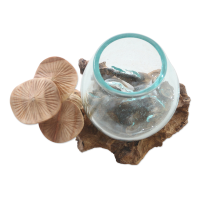 Wood and glass sculpture, 'Spring Mushrooms' - Glass and Jempinis Wood Mushroom Sculpture