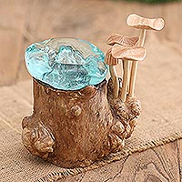 Wood and glass sculpture, 'Mushroom Friends' - Handmade Wood and Glass Mushroom Sculpture