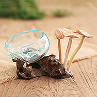 Wood and glass sculpture, 'Mushroom Bowl' - Handblown Glass and Wood Mushroom Sculpture