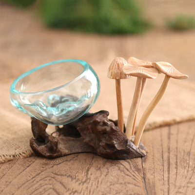 Escultura en madera y vidrio - Escultura de hongo de madera y vidrio soplado a mano