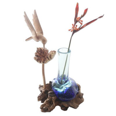 Handblown Glass and Wood Hummingbird Sculpture