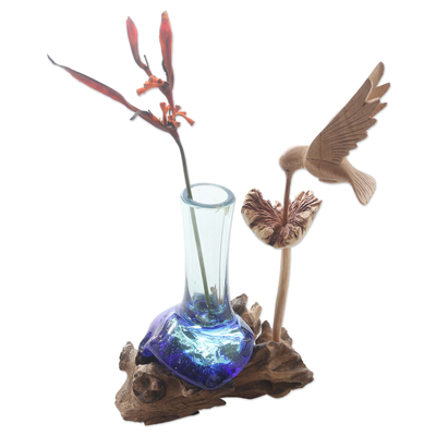 Skulptur aus Holz und Glas - Handgeblasene Kolibri-Skulptur aus Glas und Holz
