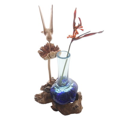 Wood and glass sculpture, 'Small Sips' - Handblown Glass and Wood Hummingbird Sculpture