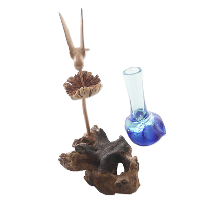 Escultura en madera y vidrio - Escultura de colibrí de madera y vidrio soplado a mano
