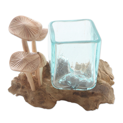 Skulptur aus Holz und Glas - Handgeschnitzte Pilzskulptur aus Holz und Glas