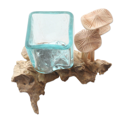 Wood and glass sculpture, 'Mushroom Patch' - Hand Carved Wood and Glass Mushroom Sculpture