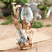 Wood and glass sculpture, 'Mushroom Art' - Artisan Crafted Glass and Wood Mushroom Sculpture