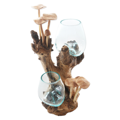Skulptur aus Holz und Glas - Kunsthandwerklich gefertigte Pilzskulptur aus Glas und Holz