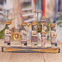 Wood statuette, 'Balinese Ceremony' - Hand Carved Suar Wood Statuette
