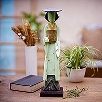 Wood sculpture, 'Kimono Lady' - Artisan Crafted Suar Wood Sculpture